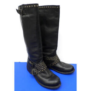 FRYE Jenna 76415 Studded Buckles Black Tall Leather Motorcycle Boots Womens 8.5